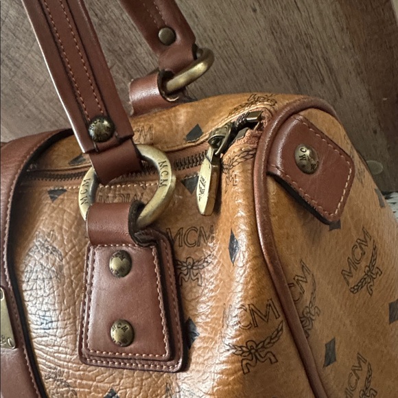MCM Cognac Logo Double Pocket Satchel in Tan - Picture 7 of 13
